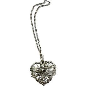 Wire Caged Heart Pendant Necklace - Silver Tone